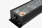 close up of the Micro Precision 5-Series two channel high end car audio amplifiers power and ground terminals side panel