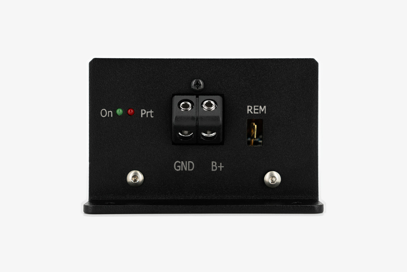 Power, ground, and remote terminals on the side panel of the Micro Precision 5-series two channel amplifier