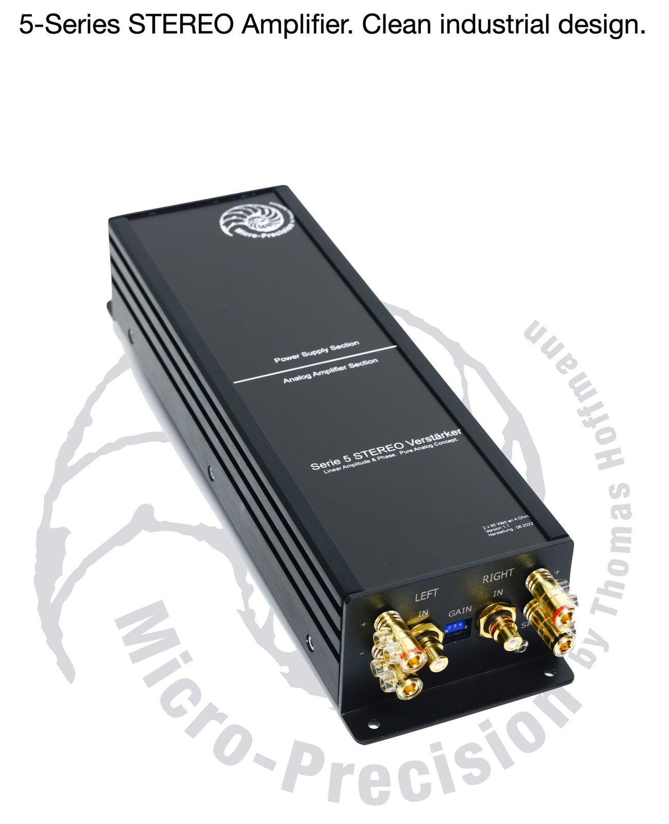 Micro Precision 5-series 2-channel stereo car audio amplifier with graphic in the background