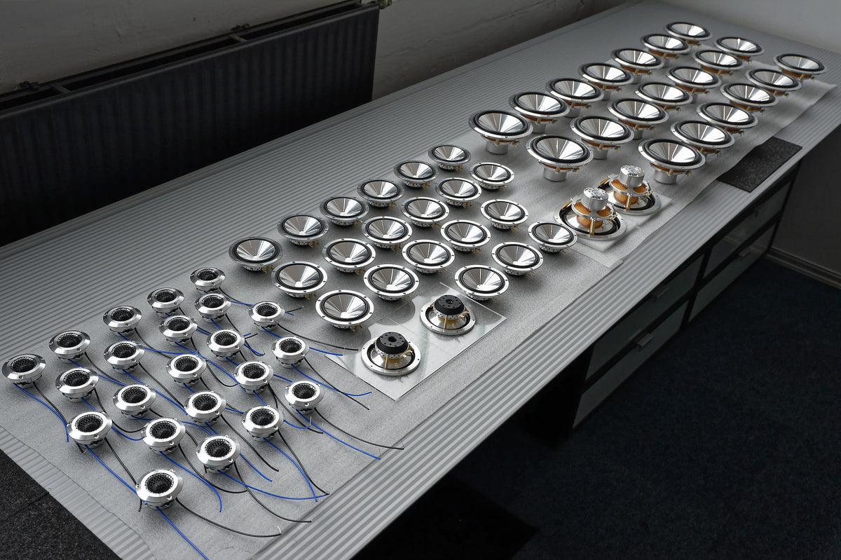 Micro Precision Z-Studio Tweeters, midranges, and midbass drivers on a work table
