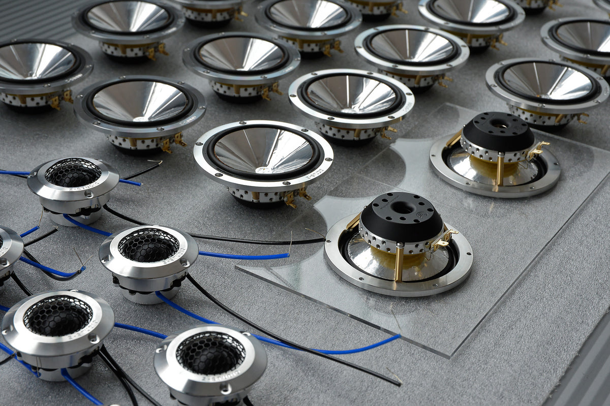 production setting work table showing multiple Micro Precision Z-Studio tweeters, midranges, and midbass speakers