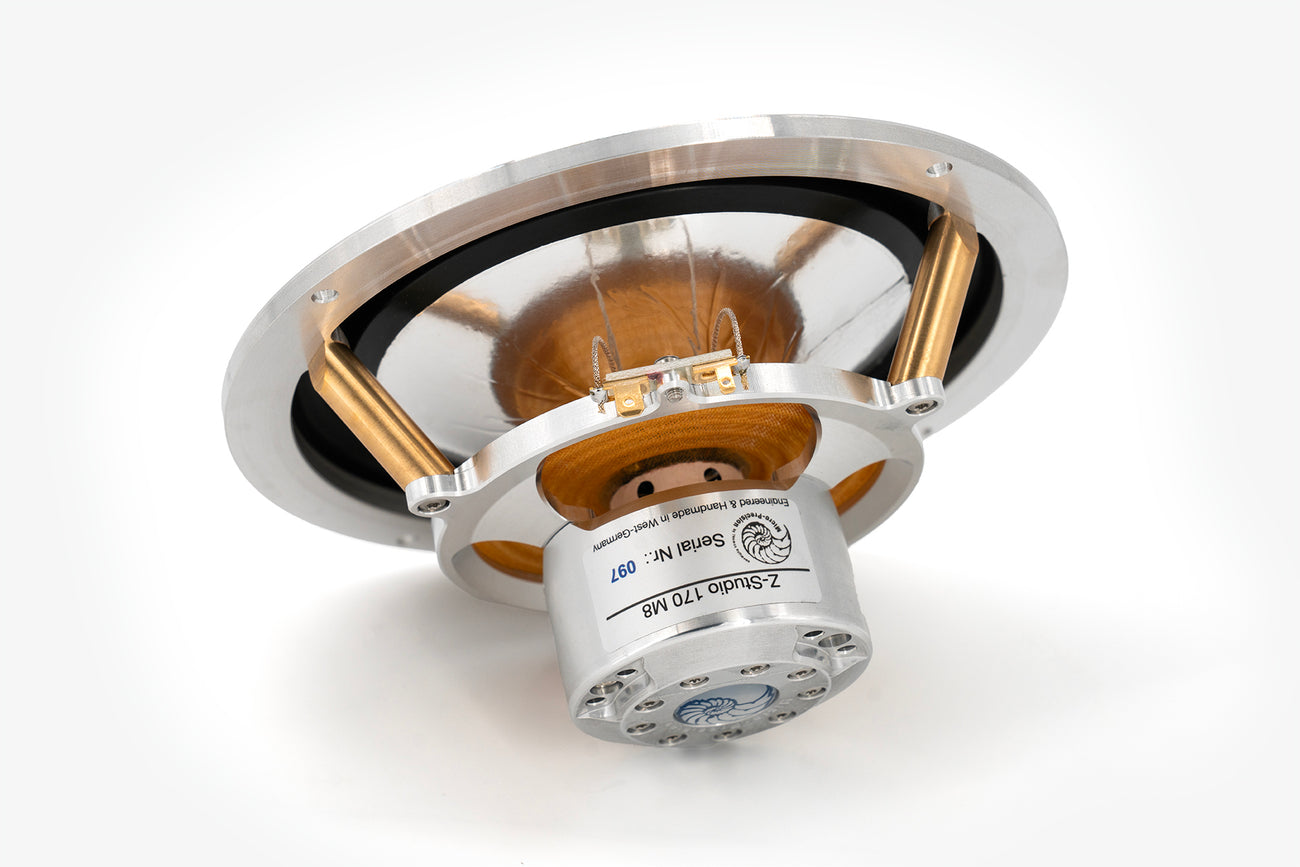 rear angle showing the magnet, basket, cone, and speaker terminals of a Micro Precision Z-Studio 170 .5" car audio midbass driver