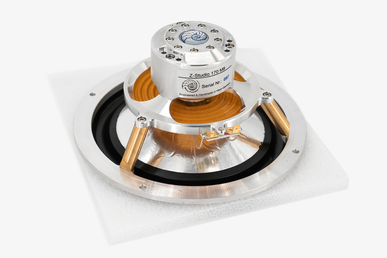 rear angle showing the magnet, basket, cone, and speaker terminals of a Micro Precision Z-Studio 170 6.5" car audio midbass speakers