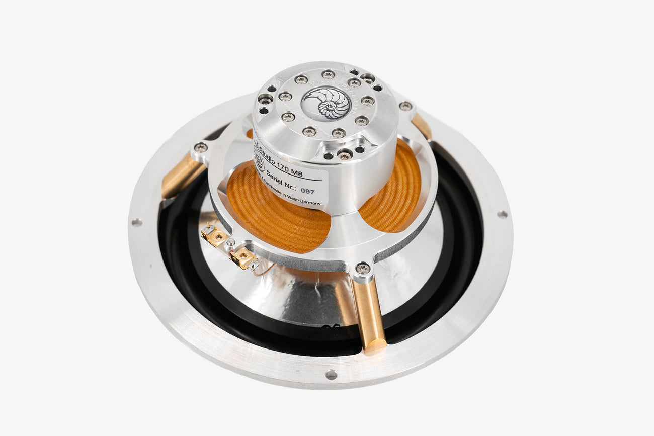 rear angle showing the magnet, basket, cone, and speaker terminals of a Micro Precision Z-Studio 170 6.5" car audio midbass speakers