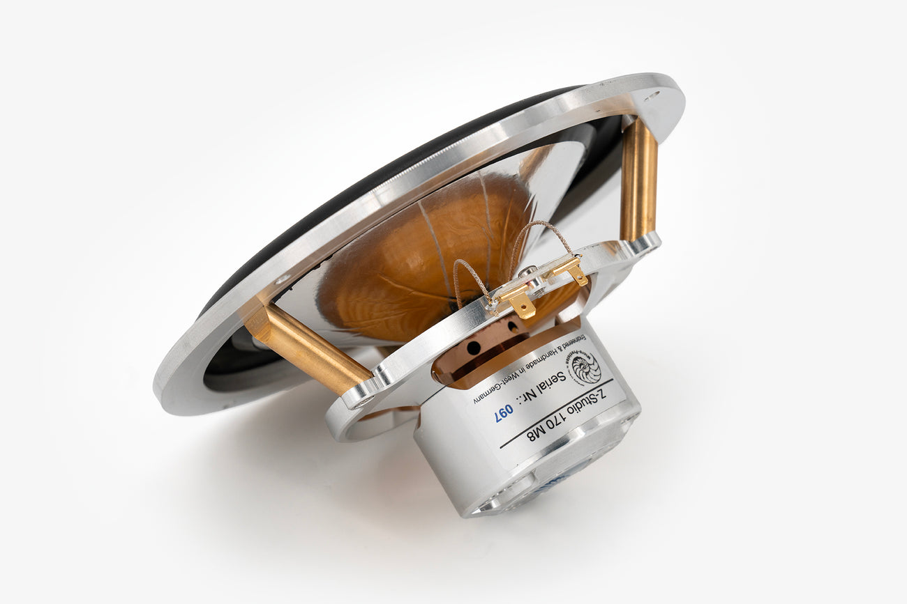 rear angle showing the magnet, basket, cone, and speaker terminals of a Micro Precision Z-Studio 170 .5" car audio midbass driver