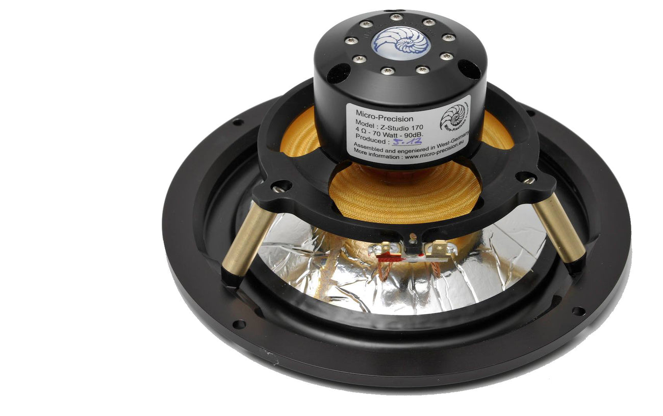 rear angle showing the magnet, basket, cone, and speaker terminals of a Micro Precision Z-Studio 170 6.5" car audio midbass speaker in black