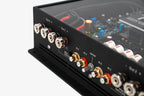A close up shot of a the inputs and outputs of a Micro Precision Z-Studio 4c 4-channel car audio amplifier 