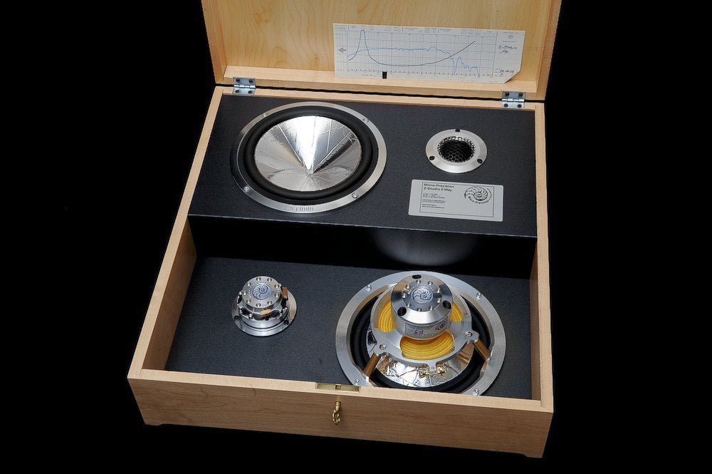 Micro Precision Z-Studio midbass speaker and tweeter packed into wooden box with their spec sheet