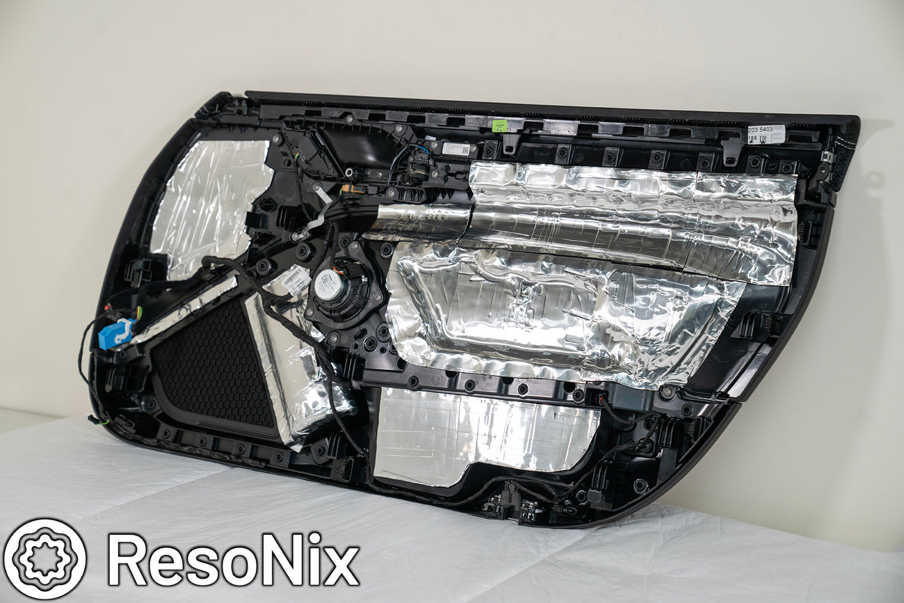 car door panel treated with ResoNix CLD Squares car sound deadener material