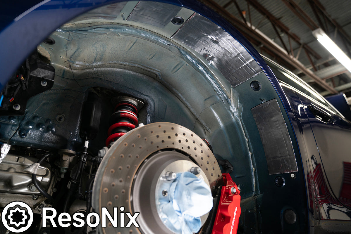 ResoNix CLD Squares installed onto the outer wheel wells of a car to lower tire noise