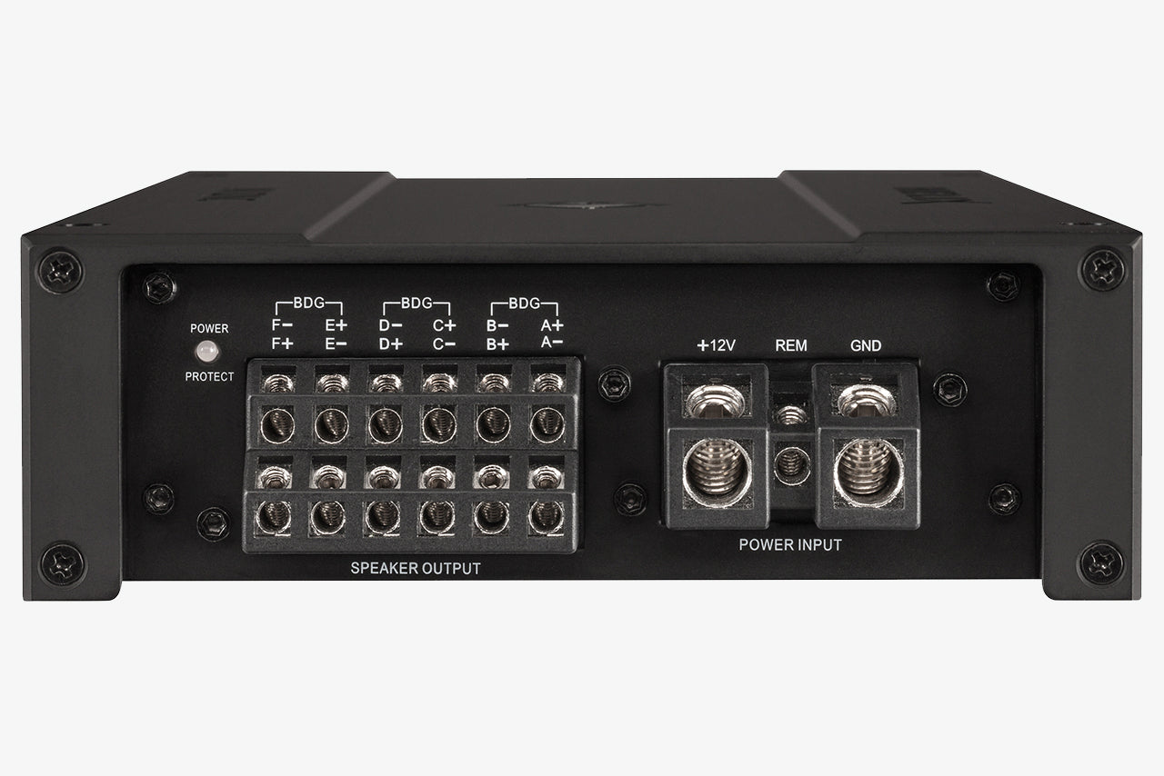 Helix M Six 6-channel amplifier speaker and power terminals side panel