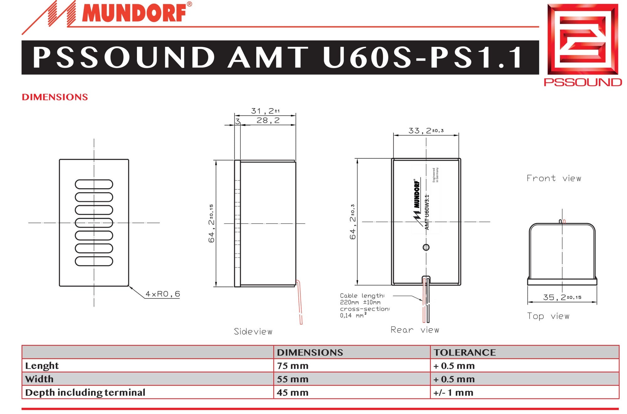 PS Sound Mundorf U60S-PS1.1 AMT Mechanical Drawing Data