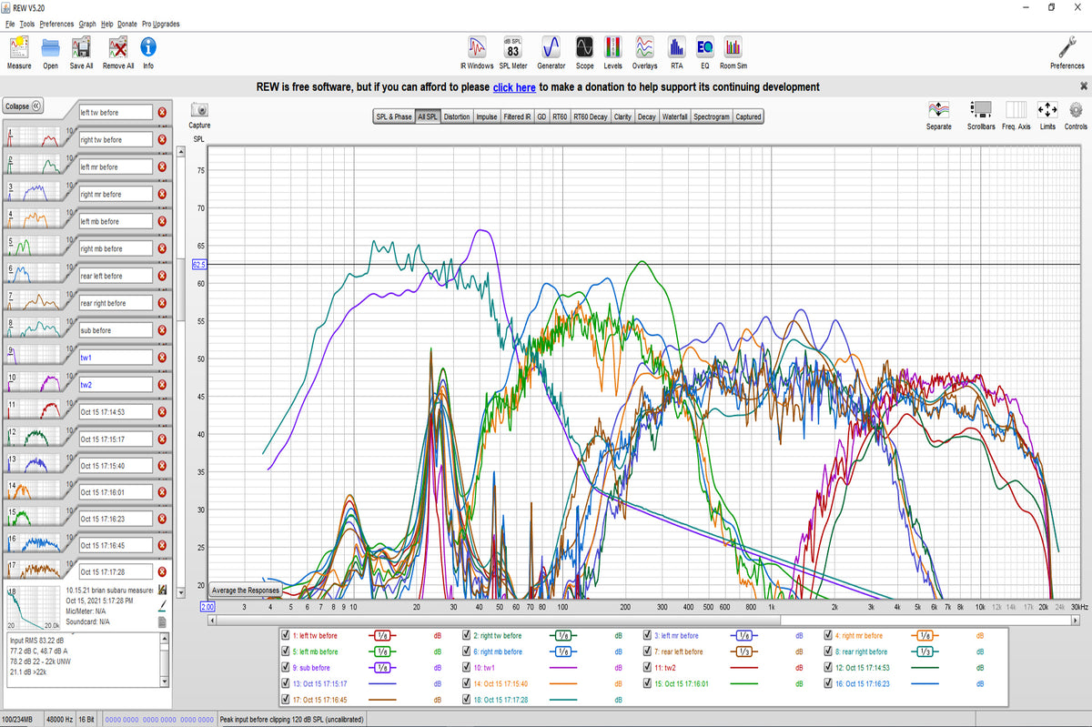 Room EQ Wizard home page with multiple frequency response measurements from a car audio DSP tuning session