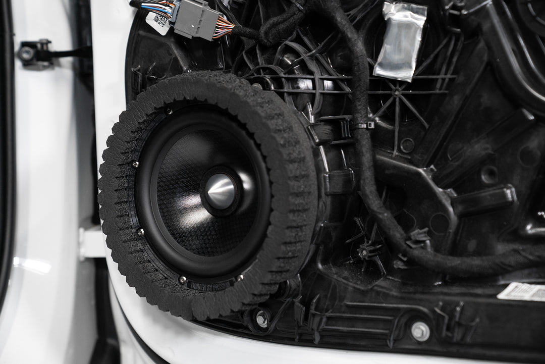 ResoNix Sound Solutions CCF Strips Foam Rings Installed around midbass speaker in a car door