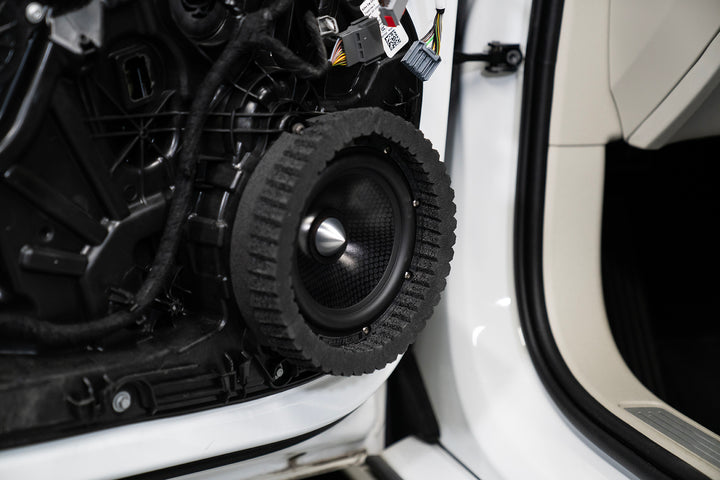 ResoNix Sound Solutions CCF Strips Foam Rings Installed around midbass speaker in a car door