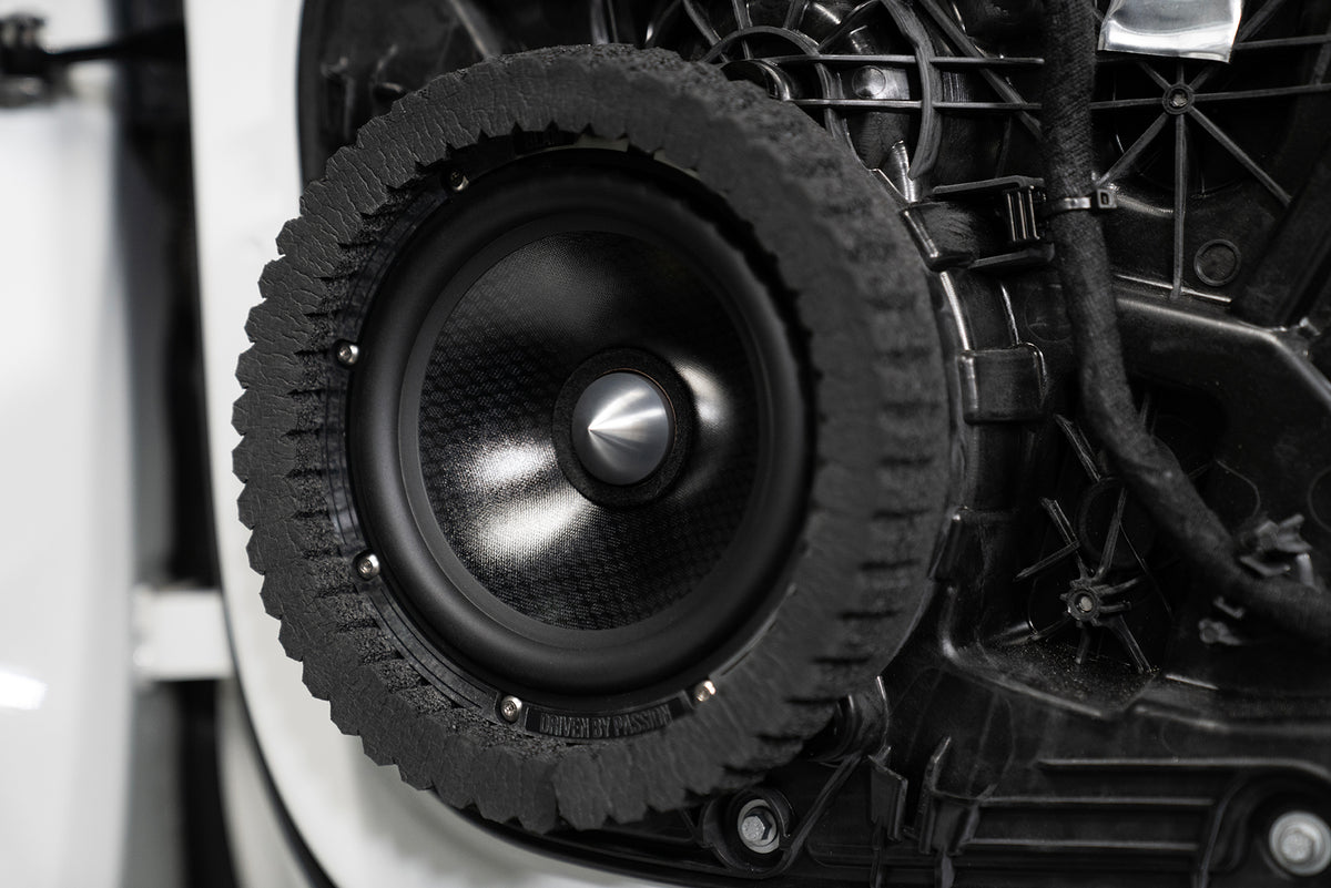 ResoNix Sound Solutions CCF Strips Foam Rings Installed around midbass speaker in a car door