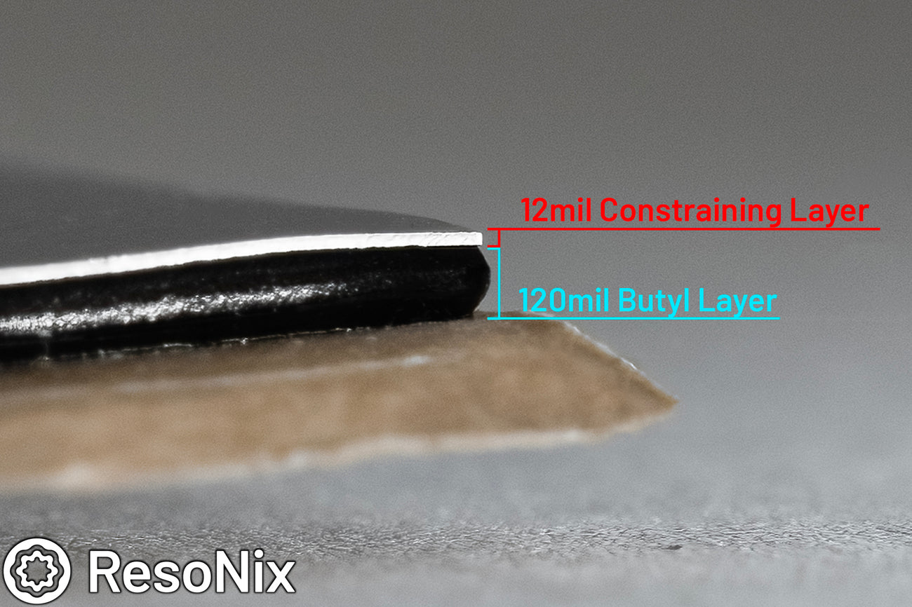 close up shot of the side profile of ResoNix Mega CLD Squares showing thicknesses of each layer