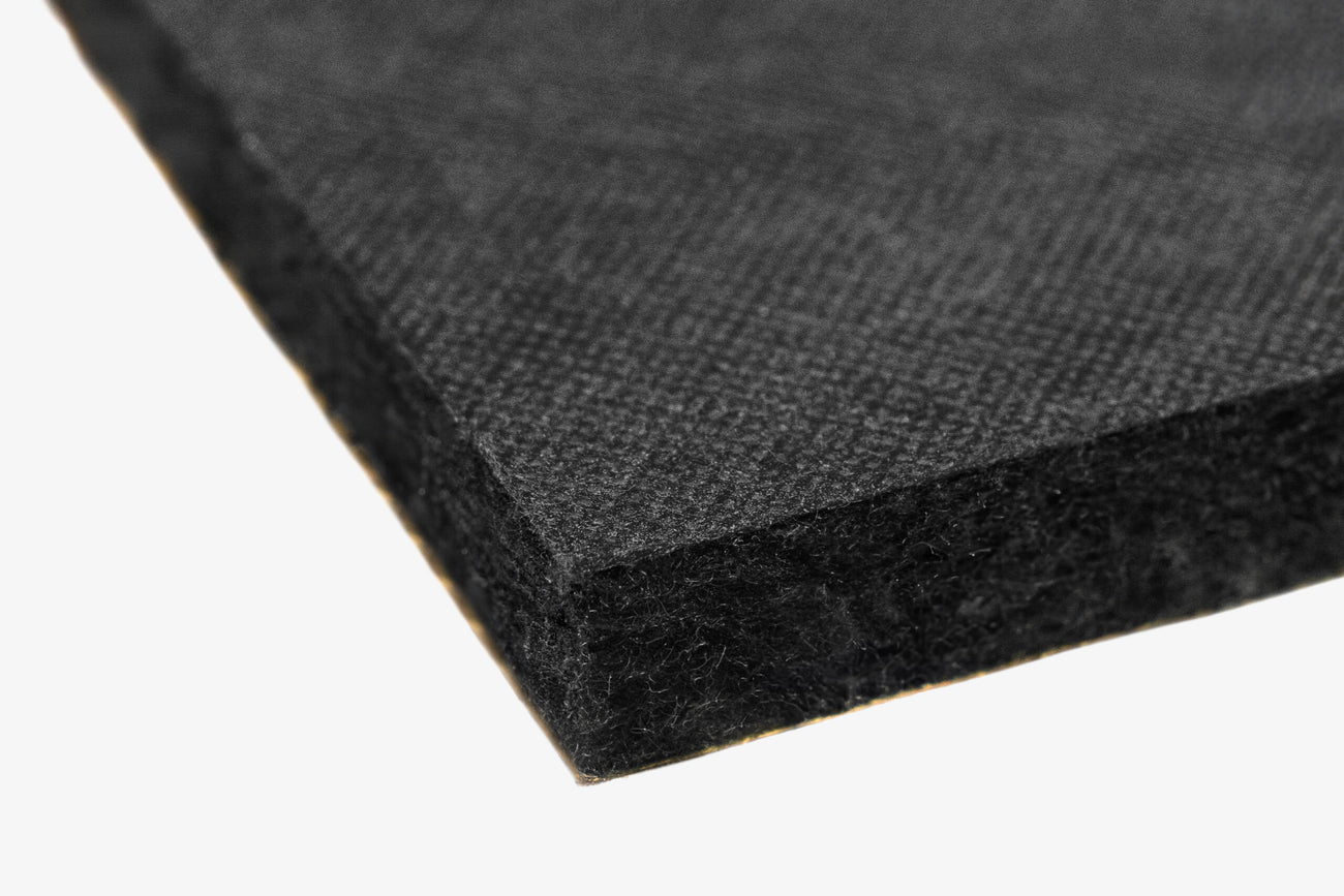 Close up of the corner of ResoNix Fiber Mat Black Edition automotive sound absorber material