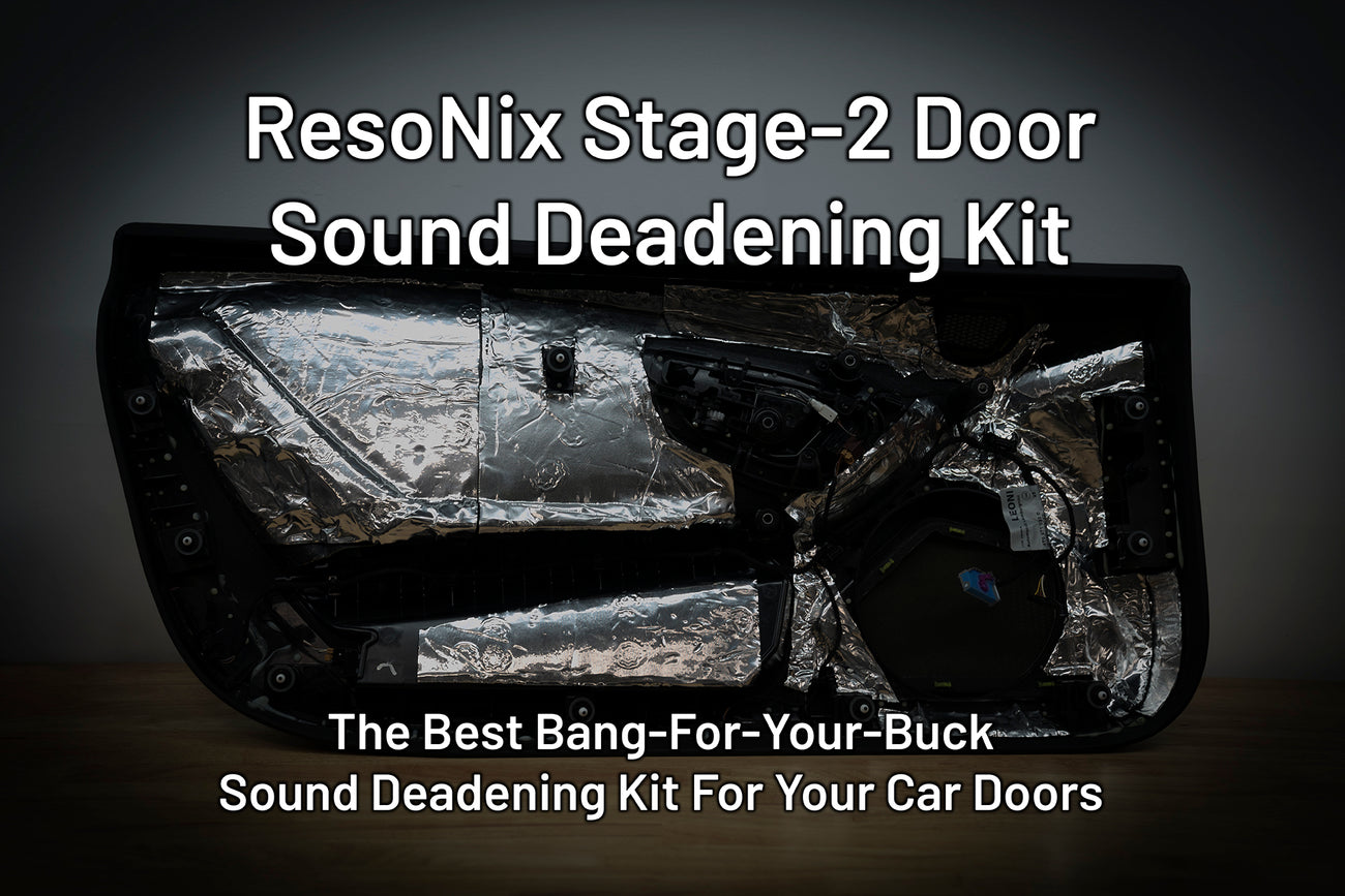 Car door panel with ResoNix CLD Squares applied to the back of it with text indicating that this is the cover photo for the ResoNix Stage-2 Door Sound Deadening Kit