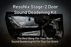 Car door panel with ResoNix CLD Squares applied to the back of it with text indicating that this is the cover photo for the ResoNix Stage-2 Door Sound Deadening Kit
