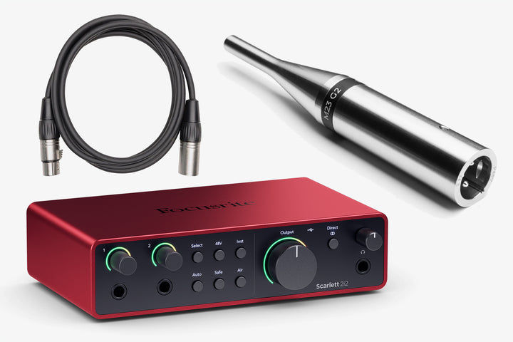 Focusrite Scarlet 2i2 with an Earthworks M23 G2 measurement microphone and an XLR Cable. This is the ResoNix approved car audio DSP measurement and tuning kit