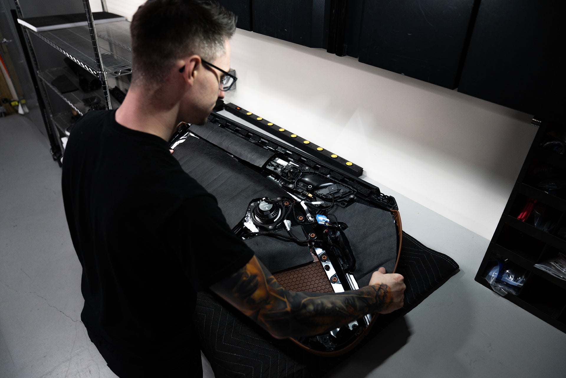 ResoNix Fiber Mat installed onto Porsche 911 GT3 Door Panel