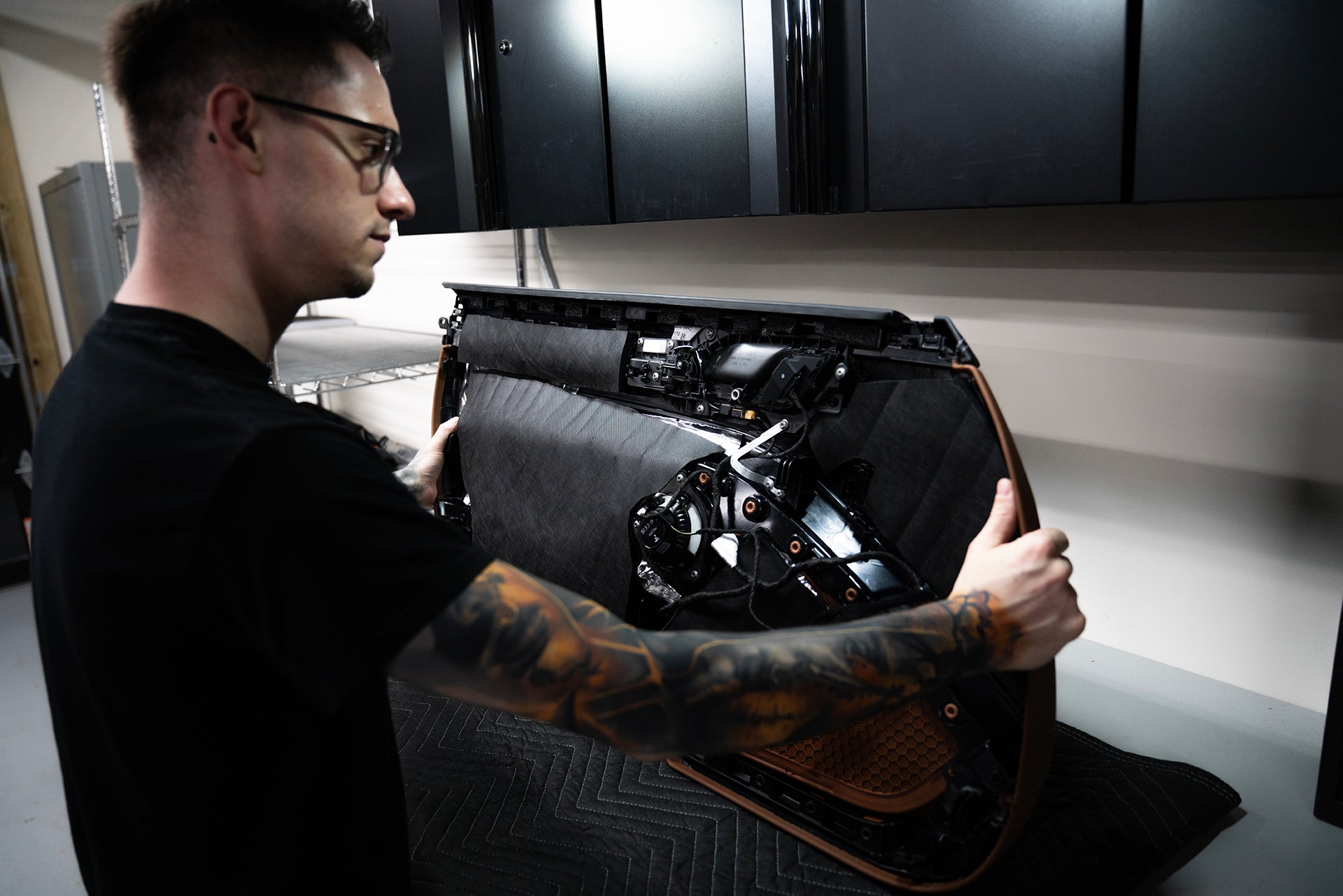 ResoNix Fiber Mat installed onto Porsche 911 GT3 Door Panel