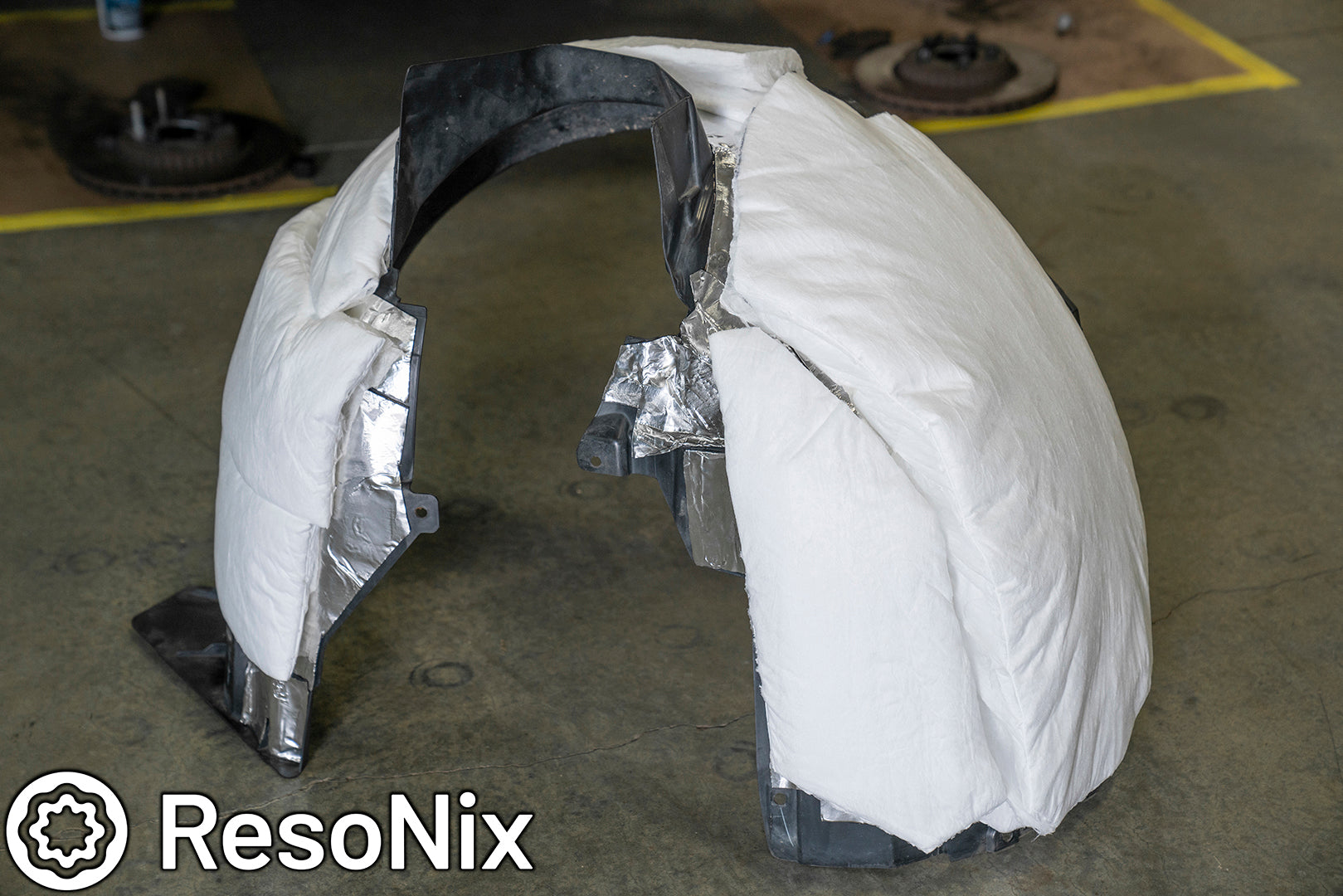 Sound Proofing Wheel Wells with ResoNix Sound Solutions CLD Squares sound deadening material and Fiber Mat automotive sound absorbing material to Reduce Tire Noise, Wind Noise, Road Noise, and Wheel Noise While Driving