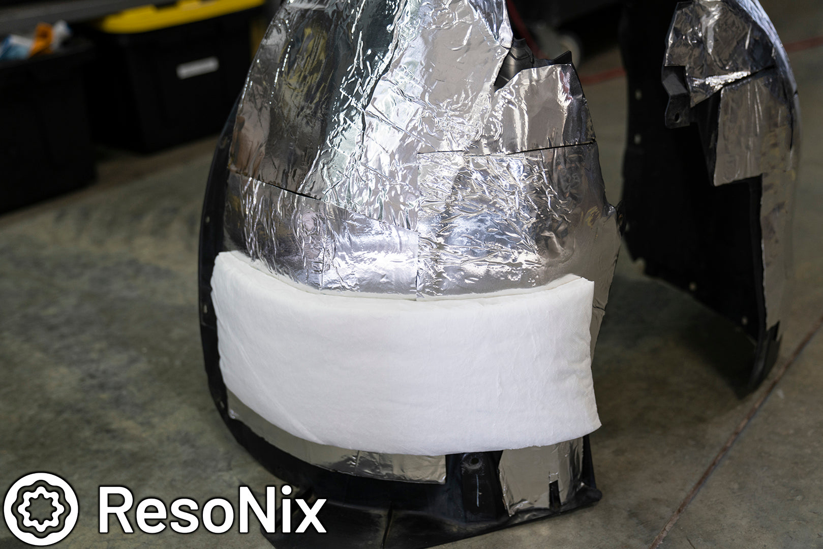 Sound Proofing Wheel Wells with ResoNix Sound Solutions CLD Squares sound deadening material and Fiber Mat automotive sound absorbing material to Reduce Tire Noise, Wind Noise, Road Noise, and Wheel Noise While Driving