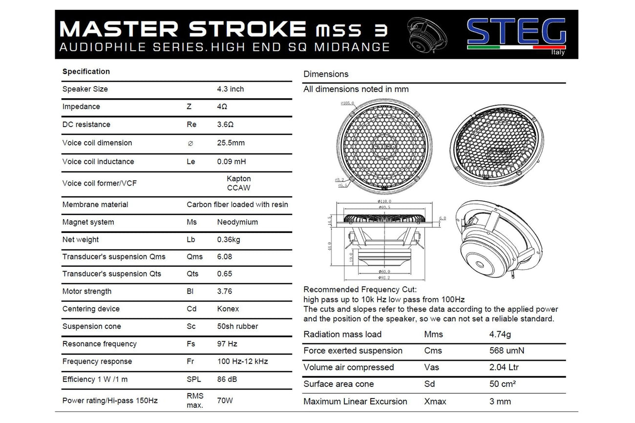Steg Master Stroke MSS3 4" midrange speaker technical specification sheet