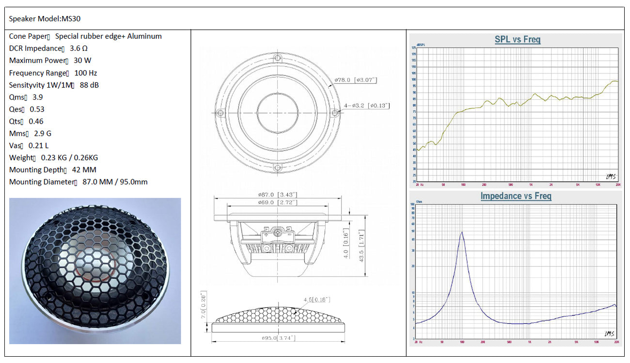 Steg MS30 3" wideband speaker technical specification sheet