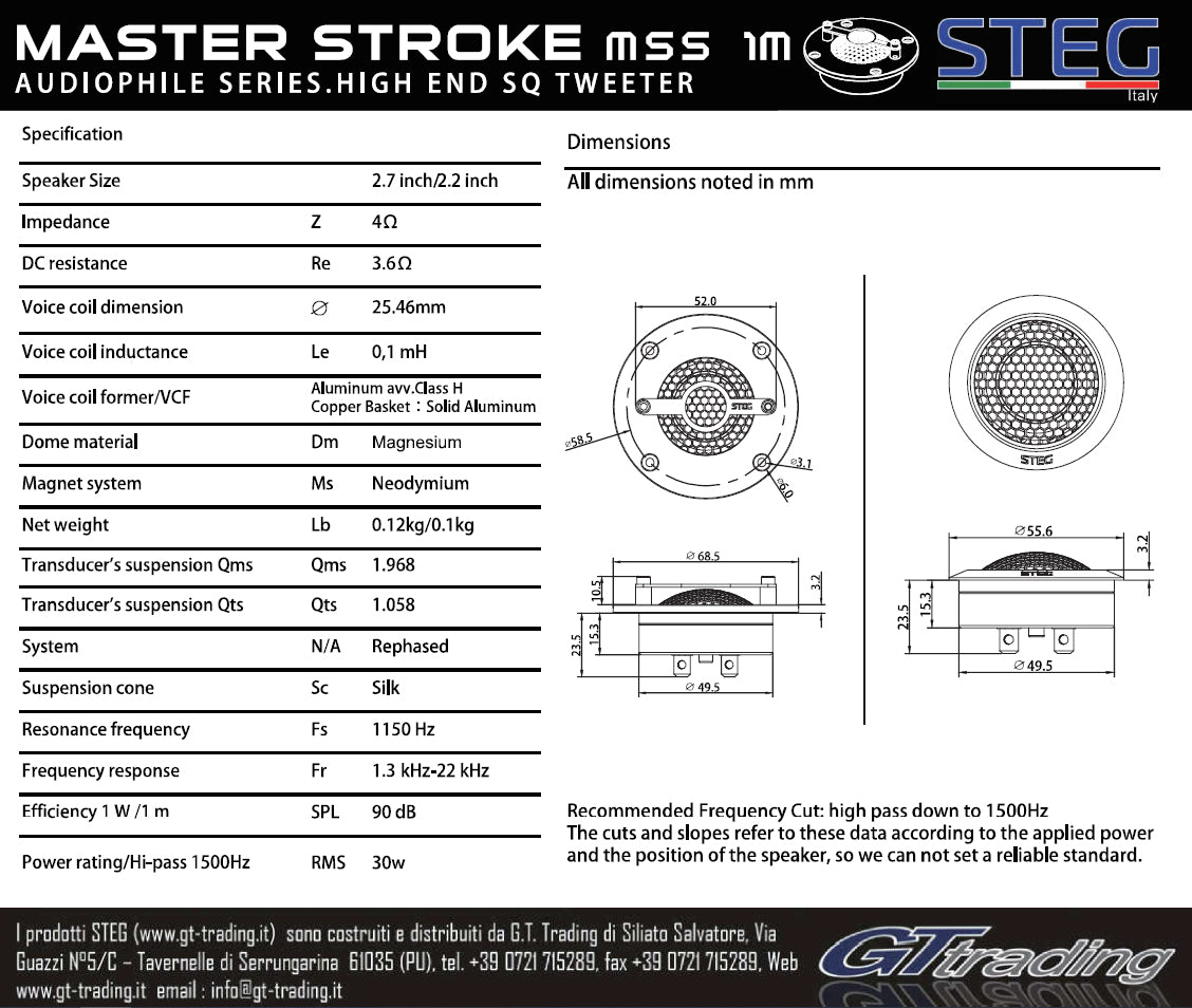 Steg Master Stroke MSS1M 1" tweeter technical specification sheet