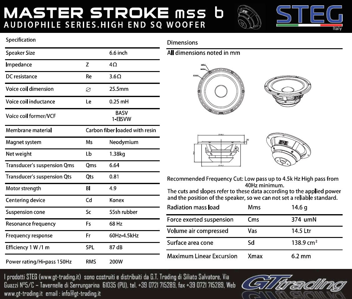 Steg Master Stroke MSS6 6.5" midbass speaker technical specification sheet