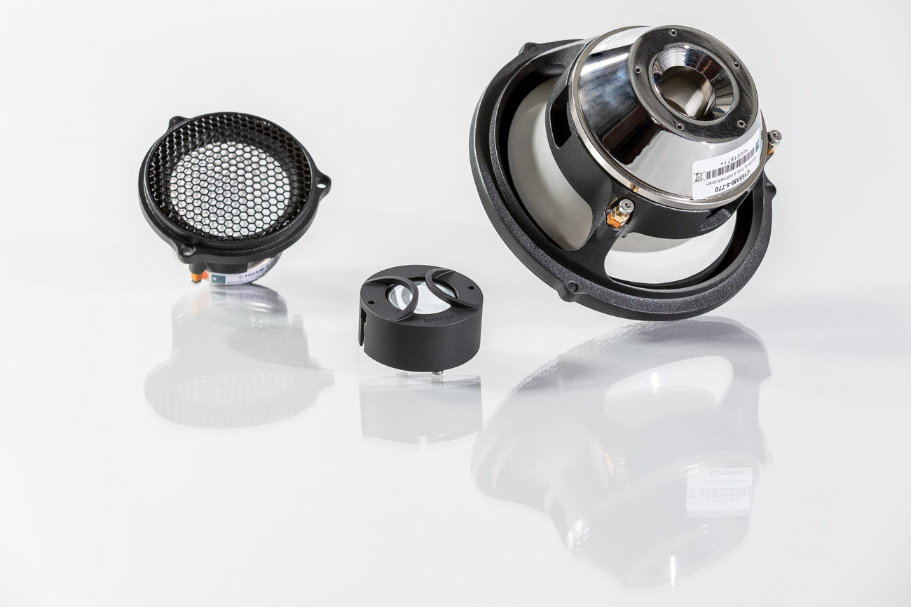 3-way set of Automotive Accuton Ceramic tweeter, midrange, and midbass car audio speakers with white color cones displayed on a reflective surface