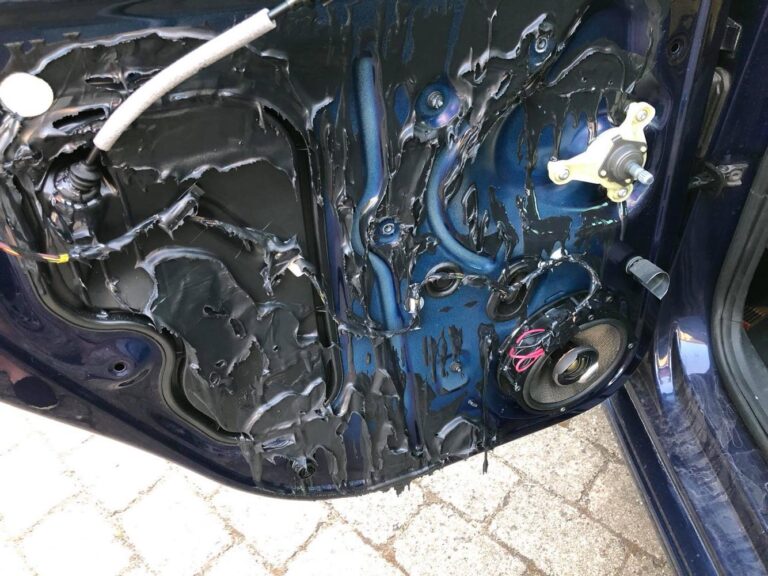 Melted sound deadener on car door