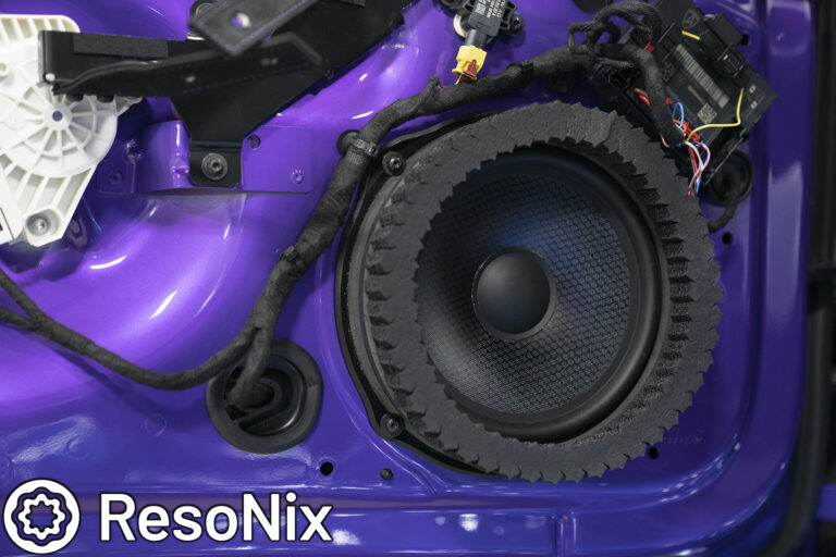 ResoNix Sound Solutions Fast Rings Speaker Foam Ring installed around a car door mounted midbass speaker for better midbass performance