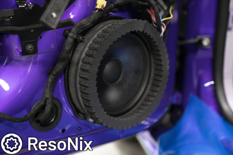 ResoNix Sound Solutions Fast Rings Speaker Foam Ring installed around a car door mounted midbass speaker for better midbass performance