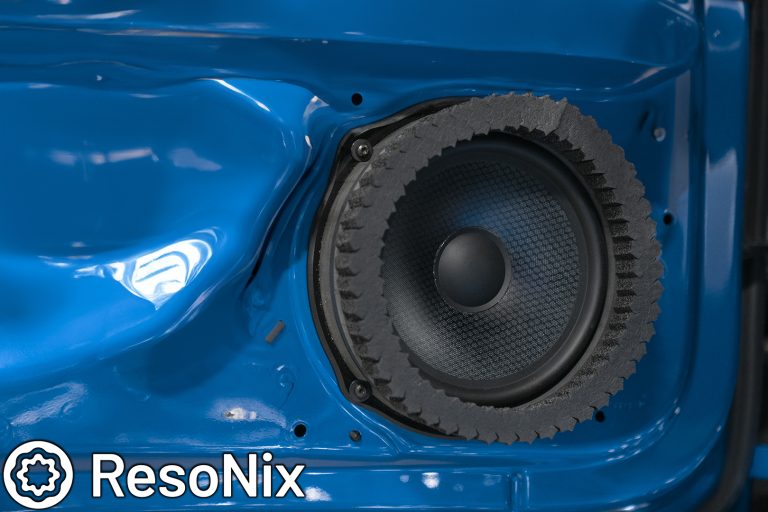 ResoNix Sound Solutions Fast Rings Speaker Foam Ring installed around a car door mounted midbass speaker for better midbass performance