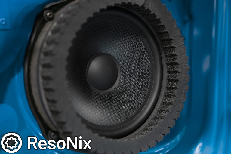 ResoNix Sound Solutions Fast Rings Speaker Foam Ring installed around a car door mounted midbass speaker for better midbass performance