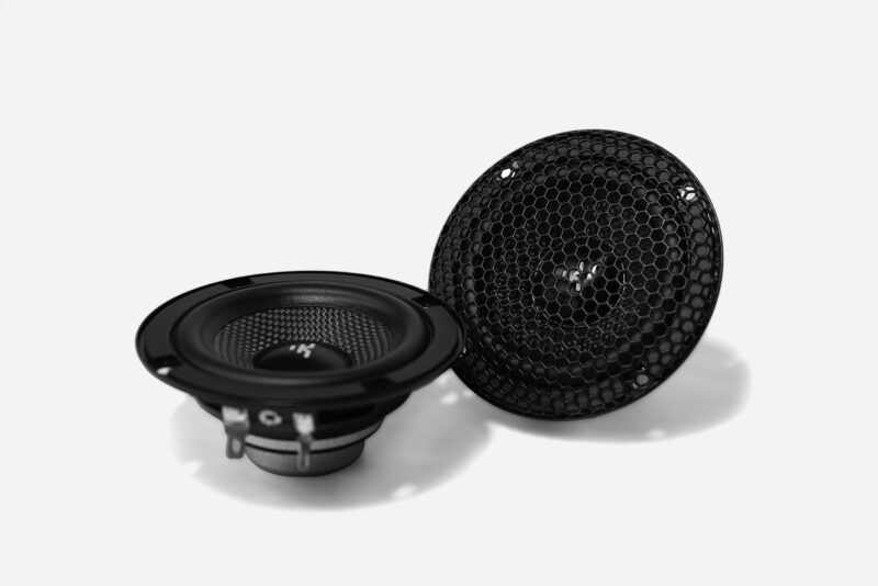 Karma Mobile Audio Aspect 3 three inch Midrange speaker drivers for car audio with their grille installed