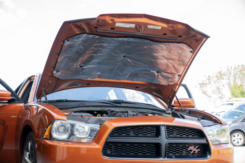 ResoNix Sound Solutions Fiber Mat Silver Acoustic Absorber and Thermal Insulator hoodliner material installed on car hood for heat rejection and noise reduction