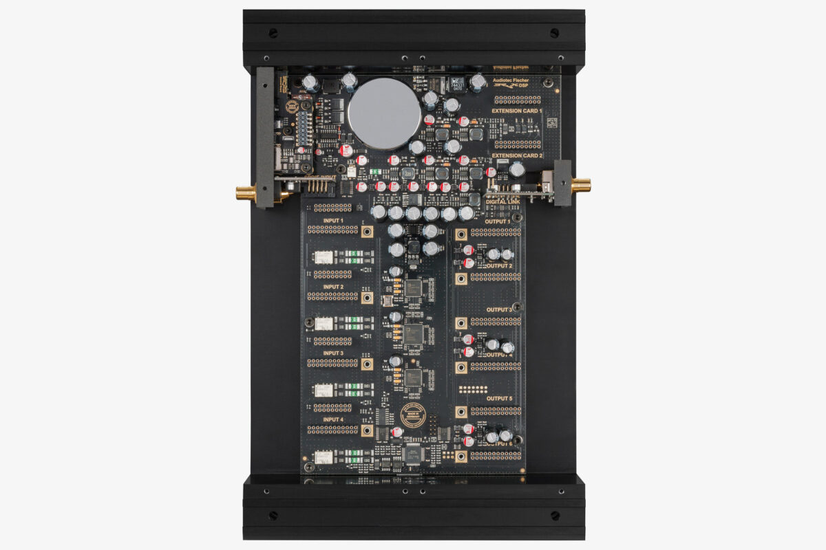 Audiotec Fischer Black Brax DSP 12 Channel Digital Signal Processor Bottom Removed Interior Photo Input and Output Cards Removed