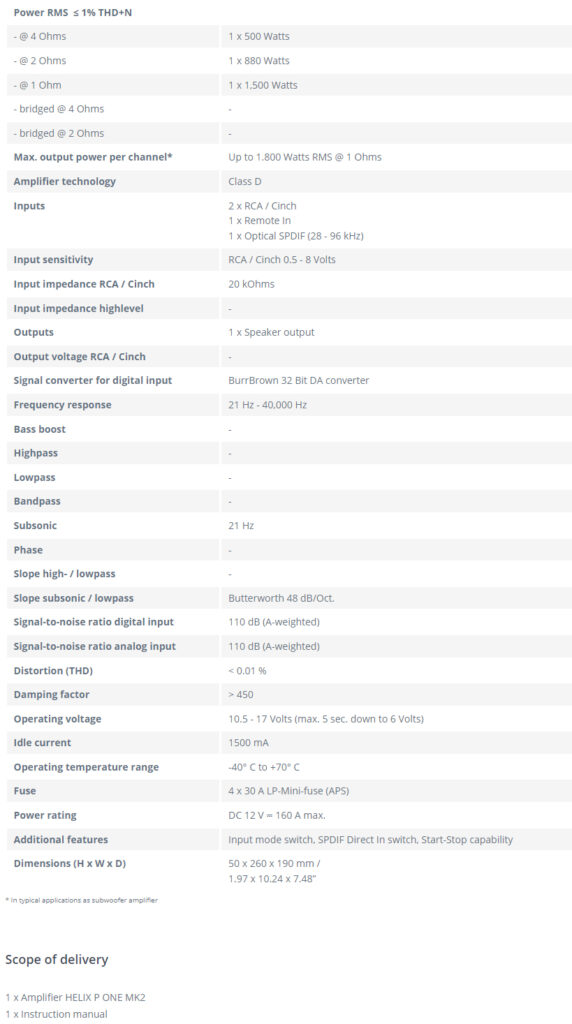 Audiotec Fischer P One Mk2 Specification Sheet